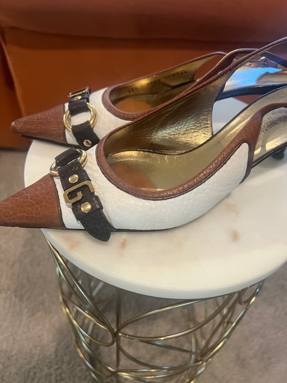 White and Brown Pointed Slingback Heels with Gold Hardware - Picture 4 of 5